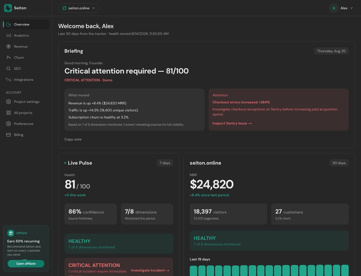 Seiton analytics dashboard — sample health overview with revenue, traffic and attention items